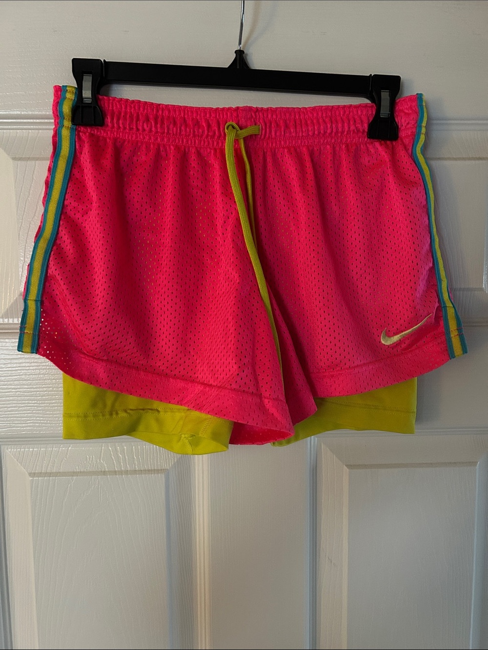 Nike Women’s Pink Dual-Layer Athletic Shorts with Lime Accent, size small